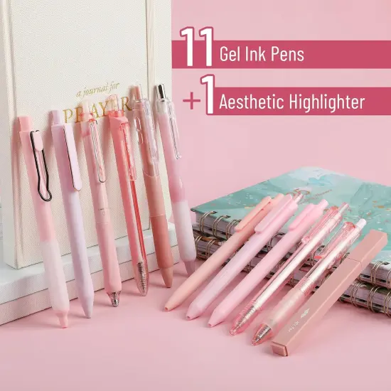 Gel Ink Pink Pen Set, 12 Pack, 1 x Aesthetic Highlighter, 0.5mm Cute Pink Pens Black Ink with Pastel Barrels {2}