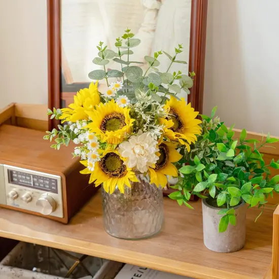 Silk Artificial Sunflower and White Dahlia Arrangement in Vase Suitable for Home Spring Decor Centerpiece {4}
