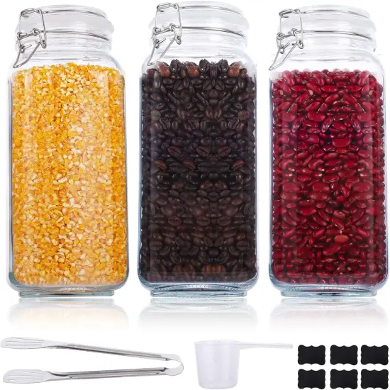 Mason Jars, 3 Pcs 78oz 2300ml Glass Food Storage Containers with Airtight Lids, Flour Sugar Storage Containers Sets for the Kitchen, With Metal Food Tongs & Measuring Cups & Sorting Labels {1}