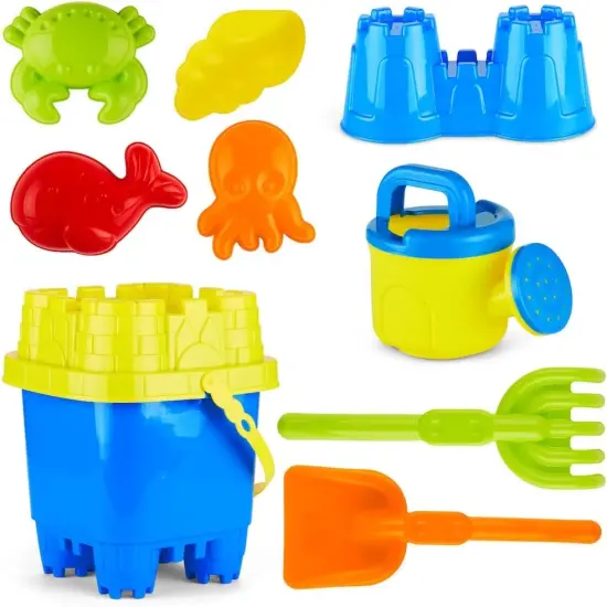 10 Piece Beach Sand Toys Set for Kids - Bucket with Sifter, Shovel, Rake, Watering Can, 5 Animal and Castle Sand Molds for Kids & Toddlers - Sand Buckets and Shovels for Kids, Beach Toy Set {1}