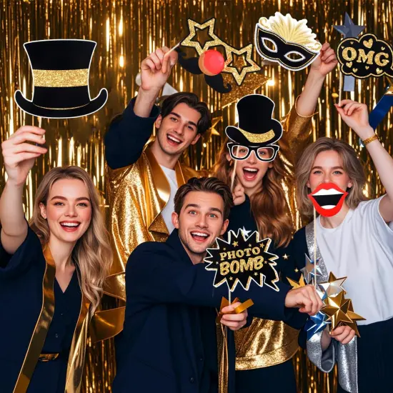 30 Pieces Photo Booth Props, Gold Black Glitter Photo Booth Props for Birthday, Wedding, Graduation, Bachelorette Party, Happy New Year Eve Party Decorations Supplies {2}