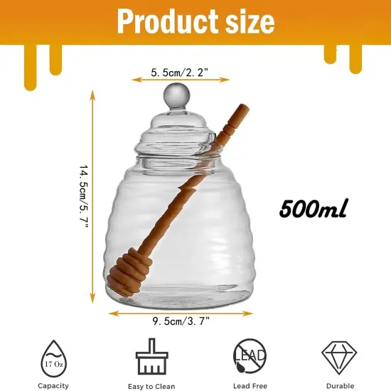 16.9 Oz Honey Pot with Dipper, Glass Honey Jar and Dipper Set, Honey Dispenser, Beehive Honey Pot for Store Honey and Syrup(wooden stick) {3}