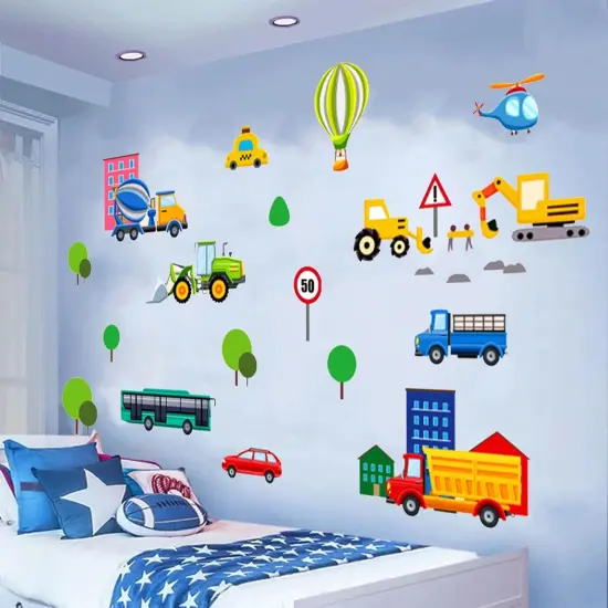 Glow in The Dark Cartoon Construction Vehicle Stickers,DIY Green Luminous City Car Truck Excavator Helicopter Wall Decals for Baby Nursery Boys Bedroom Playroom Wall Decor {2}