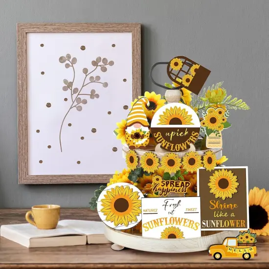 12 Pcs Sunflower Tiered Tray Decor Set Summer Kitchen Decor Tiered Tray Rustic Farmhouse Tier Tray Decor Items Sunflower Gnome Wooden Signs for Sunflower Party Decor Summer Home Decoration {5}