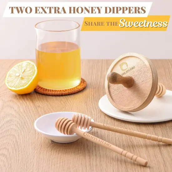 Honey Pot - Honey Jar and Dipper Set - Glass Honey Jar with Dipper - Honey Dipper Stick and Jar Set - Glass Honey Dispenser No Drip - Honey Container with Dipper- 2 Wooden Honey Dippers - 13 Oz {3}