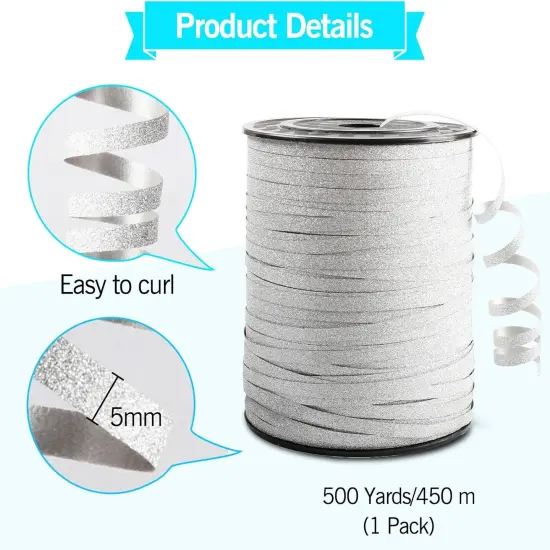 Silver Curling Ribbon, 500 Yard Christmas Glitter Curly Ribbon {4}