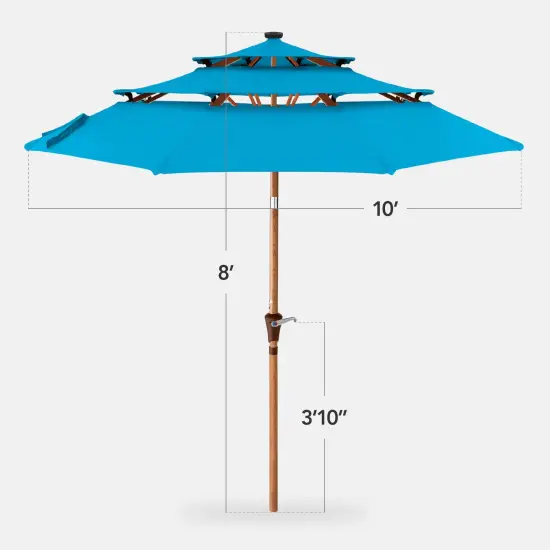 Best Choice Products Woodgrain Pattern 10ft 3-Tier Solar Patio Umbrella w/ 24 LED Lights, Tilt Sky Blue {2}