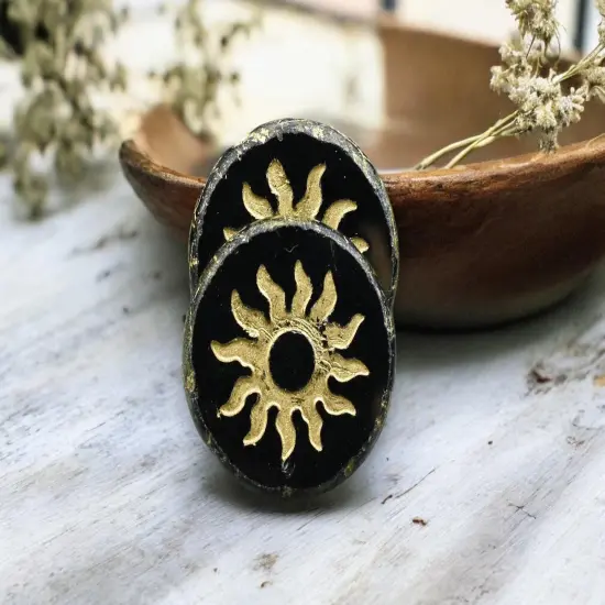 *2* 21mm Gold Washed Jet Picasso Table Cut Sun Design Coin Beads {3}