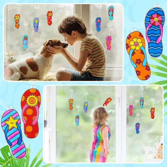 28 Sets Flip Flop Suncatchers Craft Kits for Kids Summer Window Paint Art Ornaments Crafts Flip Flop DIY Decor {5}