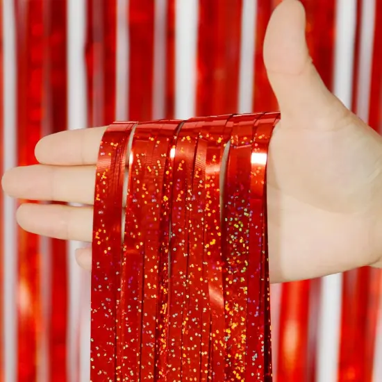 2 Pack Red Tinsel Foil Fringe Curtains Backdrop, Sparkle Tinsel Backdrop Curtains for Birthday Party Decorations {2}