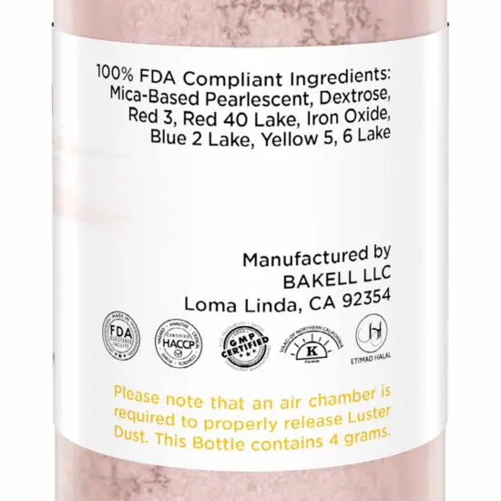 Bakell - Soft Rose Gold Luster Dust (4g, 1x Pump) Edible Vegan Dust & Paint for Baking, Desserts and Beverages {6}