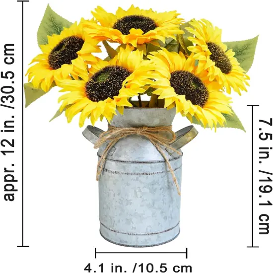 Artificial Sunflowers in Rustic Galvanized Metal Milk Vase 12" Tall Farmhouse Centerpiece Yellow Silk Sunflower Stems Floral Arrangements for Country Fall Wedding Home Kitchen Table D&eacute;cor {2}