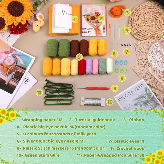Crochet Kit for Beginners, Sunflower Beginners Crochet Kit, Crochet Flower Bouquet Kit, Knitting Starter Kit for Adults with Step-by-Step Video Tutorials Birthday Wedding Day Present {2}