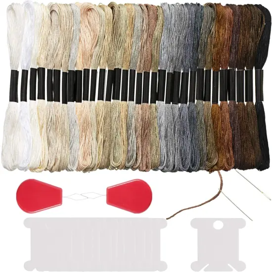 32 Skeins Black to White Gradient Grey Brown Embroidery Floss, Cross Stitch Threads Friendship Bracelets Floss with 12 Floss Bobbins, 2 Embroidery Needles and Needle Threader {1}