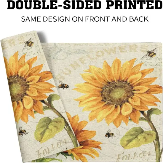 Summer Vintage Sunflower Placemats Set of 4 - Yellow Grunge Flower Farmhouse Tablemats Linen Fabric, Heat-Resistant Washable Stain Proof Place Mats for Dining Table Decoration {5}
