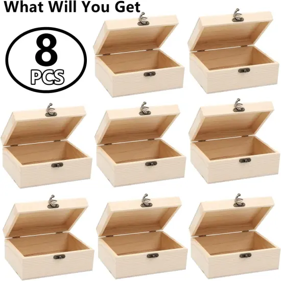 8 Pack Unfinished Wooden Boxes for Crafts, 8 x 4 x 2 Inch Wooden Box with Hinged Lid and Front Clasps {5}