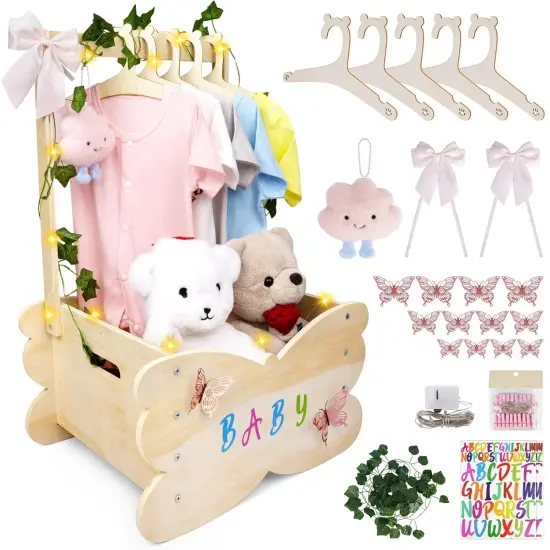 Wooden Baby Shower Crate Closet, Baby Shower Basket with Handle Hangers Butterfly Decoration Personalized Wooden Crate Boys Girls Gifts {1}