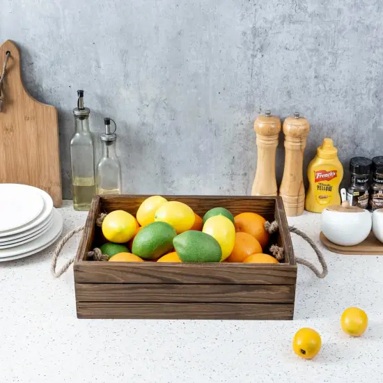 Rustic Brown Wood Decorative Storage Organizer Bin with Rope Handles, Open Top Small Crate Box for Bathroom Accessories, Books, Crafts, Fruits {3}