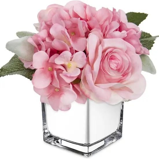 Artificial Flowers in Vase Fake Silk Hydrangea Rose Flower Arrangement Faux Potted Flowers for Indoor Home Bathroom Office Table Shelf Decor, Pink {1}