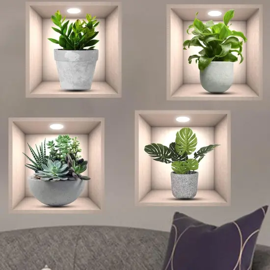 4 Pack 3D Green Plants Wall Stickers Botanical Plants Wall Decals for Bedroom Living Room Kitchen {1}