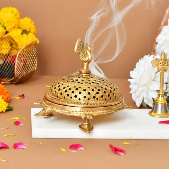 Brass Peacock Incense Dhoop Burner Aroma for Prayer Puja Meditation Spiritual Events Dhoopam for Havan Rituals - Diwali Decoration Loban Dhoop Dani for Temple Home Office (4.7x5.1 Inches) {1}