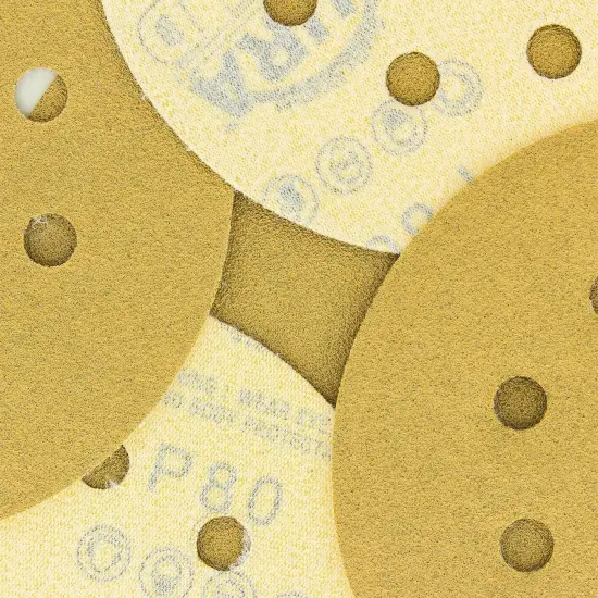 80 Grit - 5" Gold DA Sanding Discs - 8-Hole Pattern Hook and Loop - Box of 50 {3}