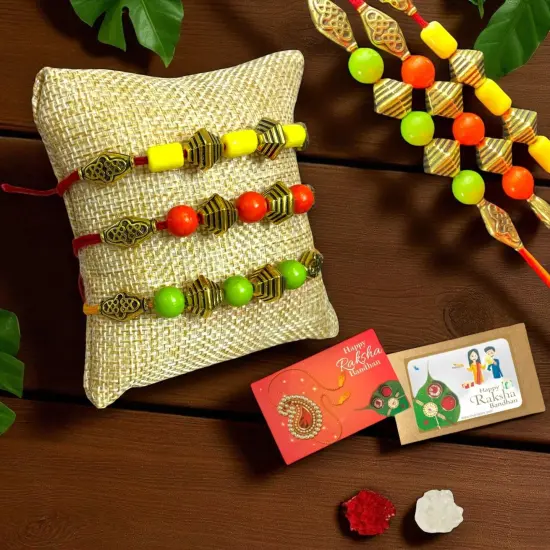 Rakhi for Brother Bhaiya Bhabhi Traditional Handmade Assorted Designer Rakhi Set Roli Chawal, Greeting Card Rakshabandhan Rakhi Bracelet Hemper Gift {1}