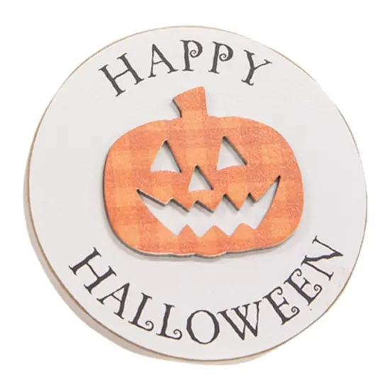 Happy Halloween Round Wooden Sign with Jack O Lantern and Plaid Design {1}