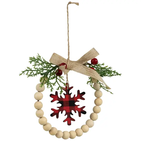 Northlight Buffalo Plaid Snowflake Wooden Beads Christmas Wreath Ornament - 7" Beige {5}