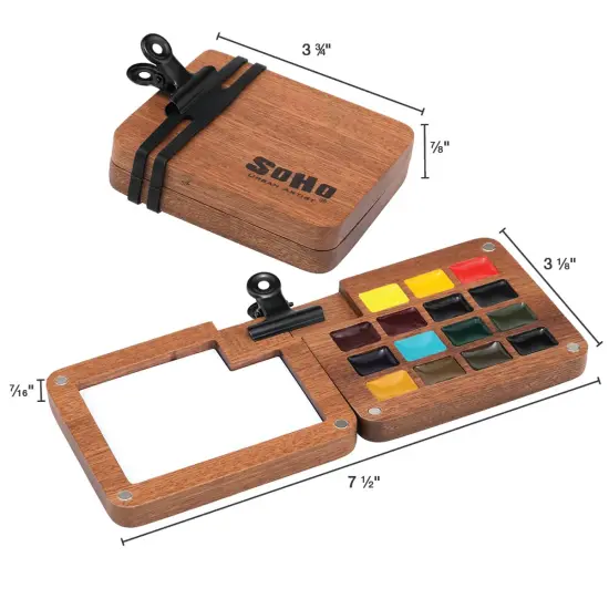 SoHo Urban Artist Mini Wooden Travel Watercolor Set of 15 - Professional Watercolor Paint Set for Watercolorists & Plein Air Artists, Semi-Moist Pans, Pocket-Sized Magnetic Wood Case with Mixing Area {3}