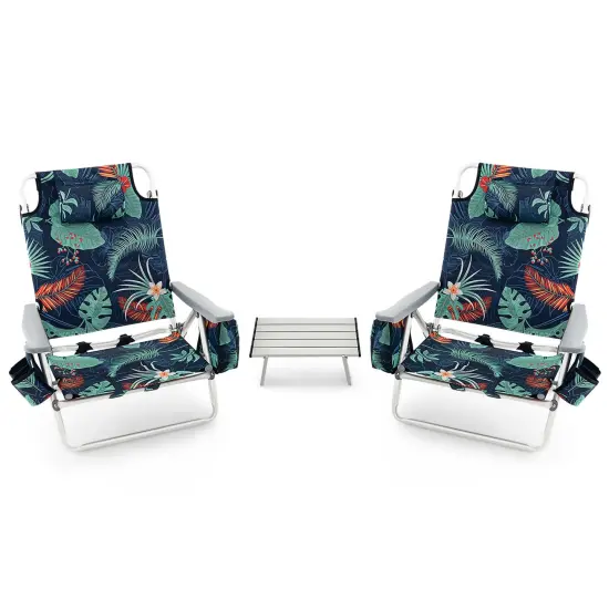 Costway 2-Pack Folding Backpack Beach Chair Table Set 5-Position Outdoor Reclining Chair Blue/Navy/Pink/Pattern/Flower/Yellow {12}