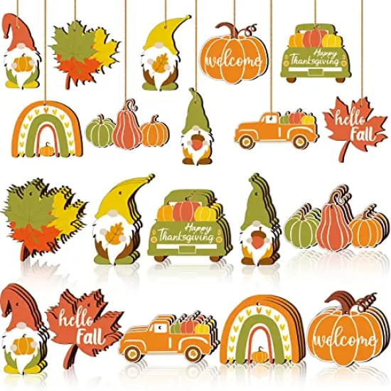 30 Pieces Fall Thanksgiving Wood Ornaments Autumn Pumpkin Gnome Leaf Truck Cutouts Happy Thanksgiving Ornaments Small Welcome Hello Fall Tree Hanging Sign Decorations (Fresh Style) {2}