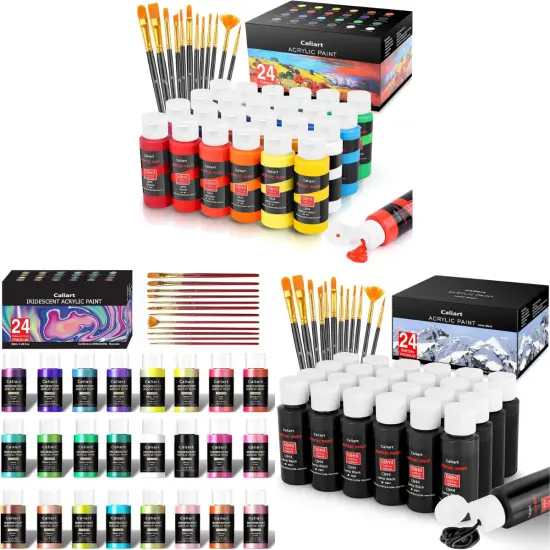 Iridescent Acrylic Paint Set with 12 Brushes, 24 Colors (59ml, 2oz), for Artists, Kids, Beginners {7}