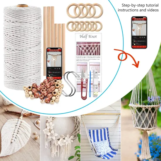 121 Pieces Macrame Kit, Macrame Supplies 3mm x 109Yards Macrame Cord for Macrame Kits for Adults Beginners, with Accessories Like 100Pcs Beads and 10Pcs Wooden Rings for Macrame Plant Hanger Kit {1}