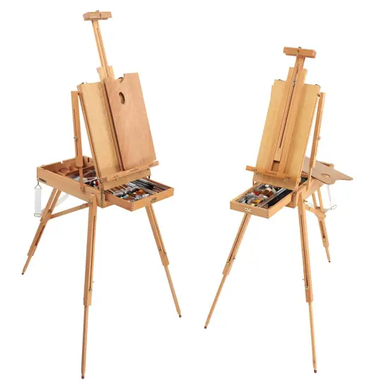 Grand Luxe French Easel - Oiled Beechwood Artist Easel with Brass Fittings, Adjustable Dividers, and Wood Palette- Plein Air Easel w/ Leather Handle and Linen Strap for Canvases up to 34" High {2}