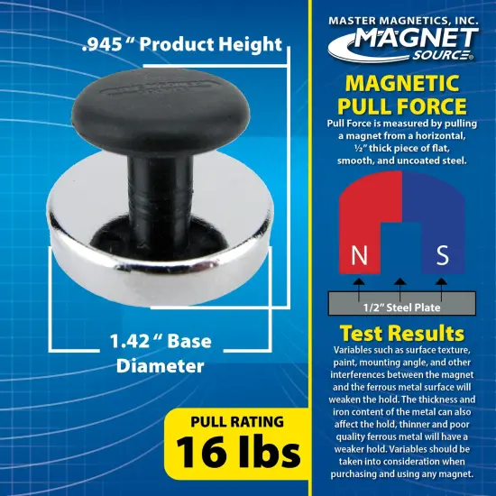 4 Pieces Round Base Magnets with Knob - 1.43" Diameter, 0.98" Total Height with 1" Diameter Knob, 16 Pound Pull, Chrome,HMKR-45X4 {1}