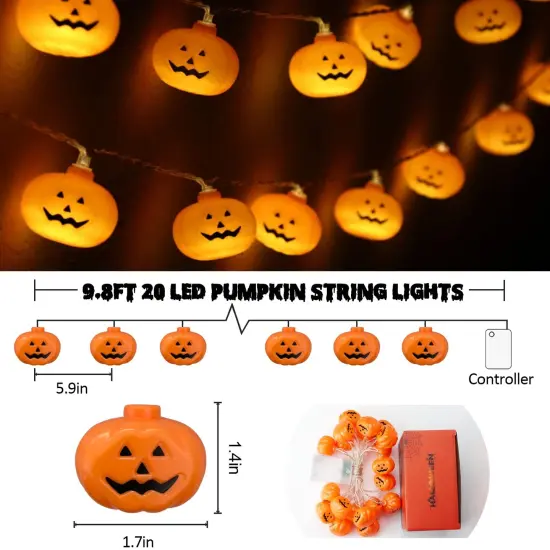 Halloween Pumpkin String Lights - 20 LED 9.8ft 3D Cute Waterproof Orange Jack-O-Lantern Battery Operated Lights, 2 Modes Steady/Flickering Lights for Indoor Outdoor Decor Party Decorations {1}