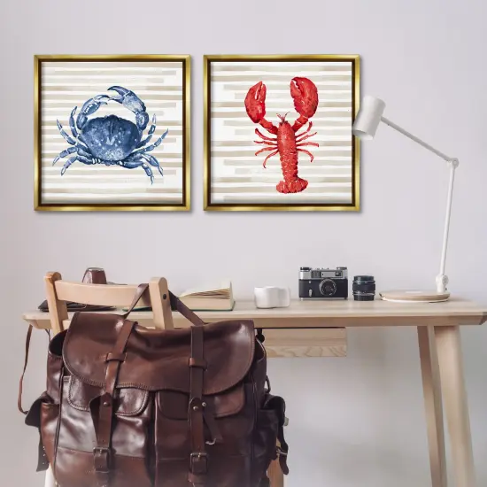 Stupell Industries Nautical Crab & Lobster Beige Stripes Framed Floater Canvas Wall Art Gold Floater Frame {2}