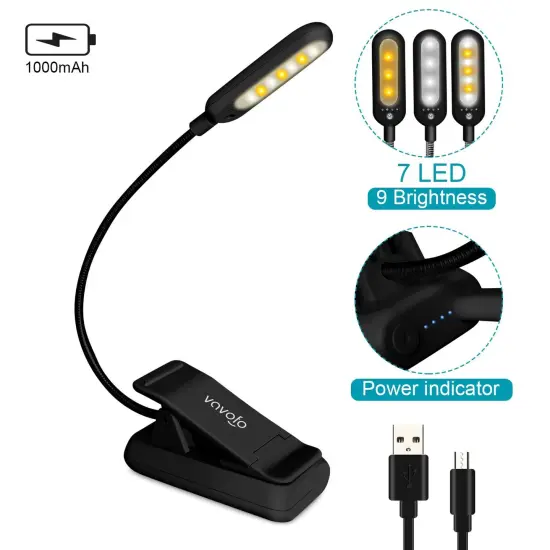 Rechargeable Reading Light, 7 LEDs with 9 Color Temperature 9 Brightness Levels Clip On Book Light for Reading in Bed with Power Indicator for Bookworms (Black) {1}