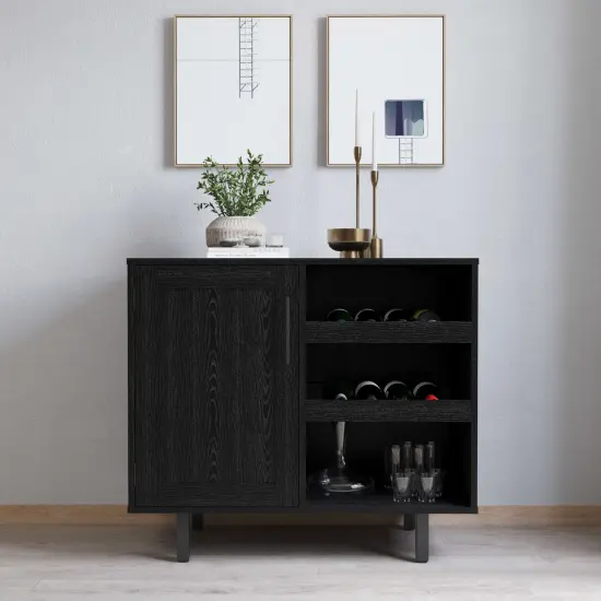 Merrick Lane Aloise Bar and Sideboard with Storage Cabinet, Hanging Stemware Holders and Bottle Storage Black {1}