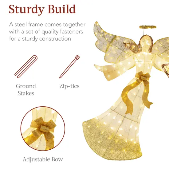 Best Choice Products 5ft Lighted Outdoor Angel Christmas Decoration for Lawn w/ 140 LED Lights, Harp, Bow, Ground Stakes Gold {5}