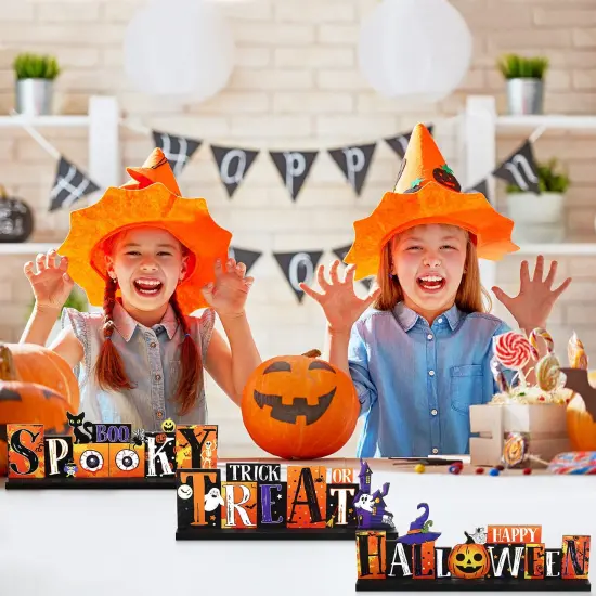 3 PCS Halloween Table Decorations Pumpkin Table Centerpiece Boo Spooky Wood Sign Trick or Treat Witch Hat Table Decor for Halloween Table Party Living Room Kitchen Office Bar Decorations {5}
