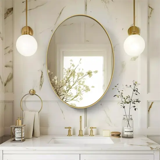 Brushed Gold Oval Mirror for Bathroom Vanity Antirust Aluminum Frame Wall Mirror {1}
