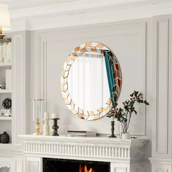 Round Mirror Wall Decor Beveled Glass Frame Modern Accent Mirror Silver + Tawny {4}