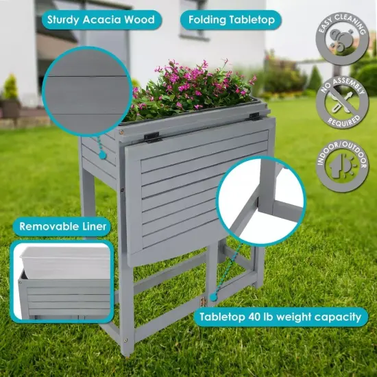 Acacia Wood Folding Table with Planter Box - 30.5" H - Gray {2}