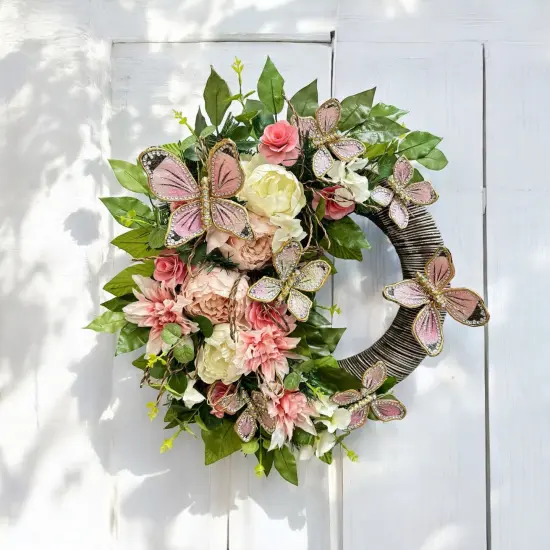 Blushing Butterfly Meadow Wreath 23" - Handmade Wedding, Spring & Easter Decor, Christmas gift - Holiday Tree {5}