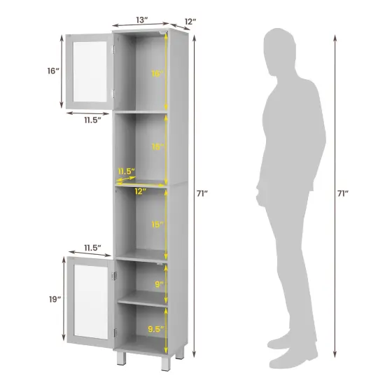Costway 71'' Tall Tower Bathroom Storage Cabinet Organizer Display Shelves Bedroom Grey\Brown\Black {3}