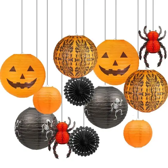 12 Pieces Halloween Hanging Decorations Paper Lanterns, Jack-O'-Lantern Spider Skeleton Pumpkin for Indoor & Outdoor Spooky Home Decor, Party Supplies Props, 12" & 8" (Orange, Black) {1}