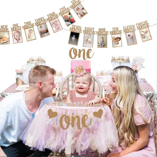 1st Birthday Baby Photo Banner for Newborn to 12 Months And Alphabet ONE Bunting, Alphabet ONE Cake Topper for Baby Show First Birthday Party Decoration {3}