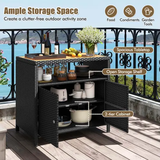 Costway Patio Rattan Storage Cabinet with Acacia Wood Countertop Open Shelf 2 Door Cabinet Black/Mix Brown {6}